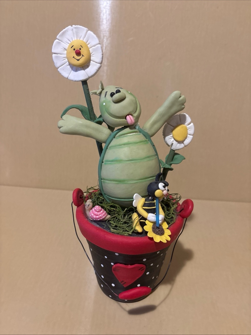 Fun Turtle Figurine on a Polka Dotted Pail. Resin